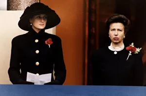 Princess Diana and Princess Anne standing on the balcony during Remembrance Sunday Princess Diana and Princess Anne standing on the balcony during Remembrance Sunday