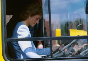 Princess Diana, Princess of Wales at the wheel of a bus during a visit to the Walter Princess Diana, Princess of Wales at the wheel of a bus during a visit to the Walter