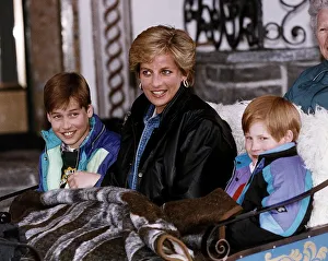 Princess Diana with her two sons Prince William and Prince Harry about to go on a sleigh Princess Diana with her two sons Prince William and Prince Harry about to go on a sleigh
