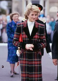 Images Dated 27th September 1989: Princess Diana during a visit to Prestwick, Scotland. She is wearing a tartan suit