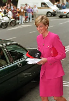 Princess Diana, wearing a pink jacket and skirt, visits the Theatre Museum in Covent Princess Diana, wearing a pink jacket and skirt, visits the Theatre Museum in Covent