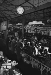 Production line at Triumph Motorcycles factory at Meriden. Circa 1955 Production line at Triumph Motorcycles factory at Meriden. Circa 1955