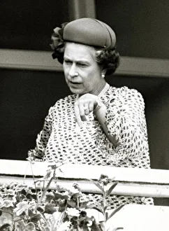 Queen Elizabeth II at Derby Day 1982 at Epsom Pointing downwards at possible Queen Elizabeth II at Derby Day 1982 at Epsom Pointing downwards at possible