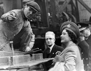 Queen Elizabeth The Queen Mother talking to a shipyard worker Queen Elizabeth The Queen Mother talking to a shipyard worker