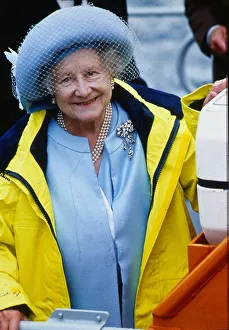 Queen Mother August 1989 wearing a yellow mac after naming Thurso lifeboat Queen Mother August 1989 wearing a yellow mac after naming Thurso lifeboat