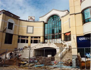 Queens Arcade between the Hayes and Queen Street in Cardiff city centre, Wales Queens Arcade between the Hayes and Queen Street in Cardiff city centre, Wales
