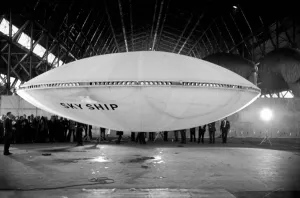 Very quietly, the worlds first flying Saucer, or Skyship as its designers prefer to call Very quietly, the worlds first flying Saucer, or Skyship as its designers prefer to call