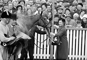 Racehorse owner The Duchess of Westminster leads smiling jockey Pat Taaffe on racehorse Racehorse owner The Duchess of Westminster leads smiling jockey Pat Taaffe on racehorse