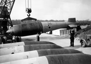 An RAF Grand Slam bomb being hoisted from the bomb dump during World War Two May An RAF Grand Slam bomb being hoisted from the bomb dump during World War Two May
