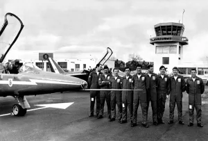 The RAF's Red Arrows aerobactic team burst into the sky above Newcastle Airport with The RAF's Red Arrows aerobactic team burst into the sky above Newcastle Airport with