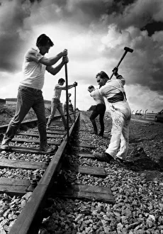 Rail workers extending the track for the Stephenson Railway at Percy Main on 15th August Rail workers extending the track for the Stephenson Railway at Percy Main on 15th August