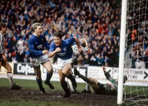 Rangers footballer Kevin Drinkell celebrates a goal. May 1989 Rangers footballer Kevin Drinkell celebrates a goal. May 1989