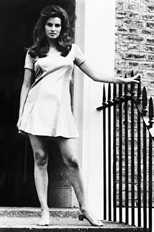 Raquel Welch standing by door in small dress holding onto the side December Raquel Welch standing by door in small dress holding onto the side December