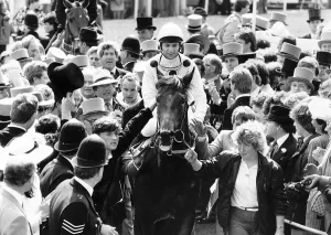 Reference Point with jockey Steve Cauthen being escorted to the winners enclosure after Reference Point with jockey Steve Cauthen being escorted to the winners enclosure after