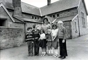 Rennington School, 2nd July 1982. Headteacher Betty Wight with the last six pupils Rennington School, 2nd July 1982. Headteacher Betty Wight with the last six pupils