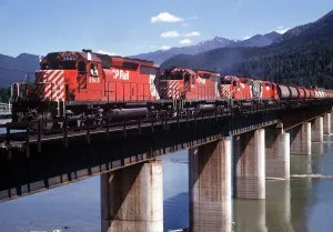 Revelstoke British Columbia Canada Freight train pulled by four diesel engines Revelstoke British Columbia Canada Freight train pulled by four diesel engines