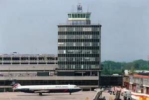 Ringway Airport Manchester Control Tower May 1989 Britsh Airways BAC 111 aircraft Ringway Airport Manchester Control Tower May 1989 Britsh Airways BAC 111 aircraft