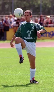 Robbie Williams Singer May 1998 playing football during the celebrity soccer match Robbie Williams Singer May 1998 playing football during the celebrity soccer match