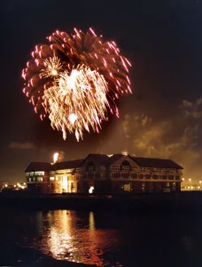 Rockets explode over Dunedin House during the Stockton Riverside firework display Rockets explode over Dunedin House during the Stockton Riverside firework display