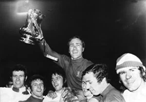 Images Dated 29th April 1970: Ron Harris of Chelsea holds up the cup at Old Trafford 1970 after Chelsea had beaten