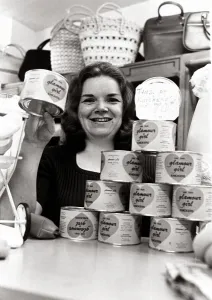 Salesgirl Delia Dixon showing off some of the tinned knickers she has on sale in her shop Salesgirl Delia Dixon showing off some of the tinned knickers she has on sale in her shop
