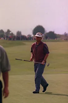 Sandy Lyle golfer on green carrying putter wearing skip cap at Gleneagles golf course Sandy Lyle golfer on green carrying putter wearing skip cap at Gleneagles golf course