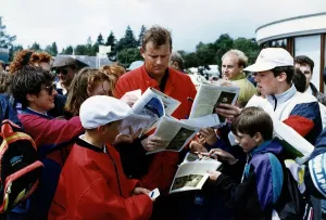 Sandy Lyle signs autographs for his fans at the British Golf Open Sandy Lyle signs autographs for his fans at the British Golf Open