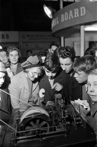 School boys and women at the 1948 Model Engineer Exhibition at Seymour Hall, London School boys and women at the 1948 Model Engineer Exhibition at Seymour Hall, London