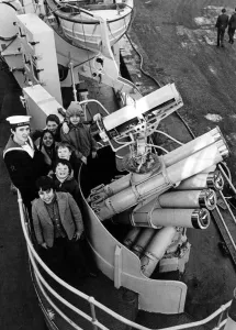 School children visiting HMS Jupiter, berthed in the docks of her adopted home port School children visiting HMS Jupiter, berthed in the docks of her adopted home port