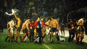 Scotland players leave pitch in heavy rain following their World Cup qualifier against Scotland players leave pitch in heavy rain following their World Cup qualifier against