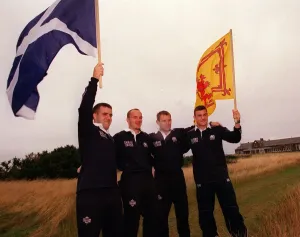 Scotland Rugby players 1st October 1999 four Scots players waves flags in air build Scotland Rugby players 1st October 1999 four Scots players waves flags in air build