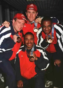 Sean Olsen and Britain Bobsleigh Team February 1998 at Heathrow Airport with Sean Olsen and Britain Bobsleigh Team February 1998 at Heathrow Airport with