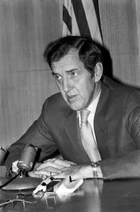 Senator Edmund Muskie answers questions at his London press conference Senator Edmund Muskie answers questions at his London press conference