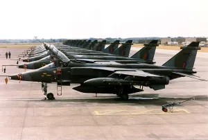 Sepecat Jaguar GR1 aircraft of the Royal Air Force seen here lined up on the apron at RAF Sepecat Jaguar GR1 aircraft of the Royal Air Force seen here lined up on the apron at RAF