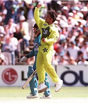 Images Dated 16th June 1999: Shoaib Akhtar celebrates Nathan Astles wicket June 1999 during the cricket