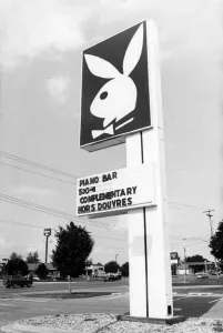 Sign outisde a Bunny Club. July 1988 P018476 Sign outisde a Bunny Club. July 1988 P018476