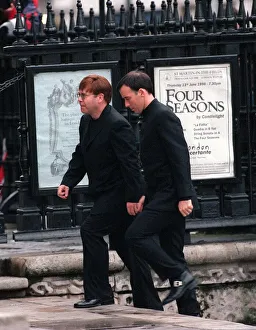 Sir Elton John and David Furnish at memorial service 1998 for Linda McCartney at Sir Elton John and David Furnish at memorial service 1998 for Linda McCartney at