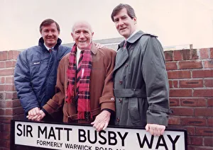 Sir Matt Busby with Alex Ferguson and Martin Edwards standing in Sir Matt Busby Way Sir Matt Busby with Alex Ferguson and Martin Edwards standing in Sir Matt Busby Way