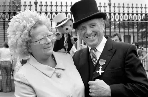 Sooty, Harry Corbett and wife at investiture at Buckingham Palace. Jult 1976 Sooty, Harry Corbett and wife at investiture at Buckingham Palace. Jult 1976
