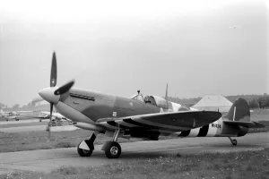 A Spitfire Mark 9 on the runway at Biggin Hill during the airshow. May 1975 A Spitfire Mark 9 on the runway at Biggin Hill during the airshow. May 1975