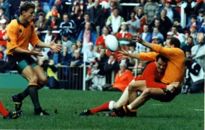 Sport - Rugby - World Cup 1991 - Wales v Australia - Australian David Campese manages a Sport - Rugby - World Cup 1991 - Wales v Australia - Australian David Campese manages a