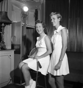Sport Tennis. L-R Maureen Connolly and Julie Sampson seen here modelling their tennis Sport Tennis. L-R Maureen Connolly and Julie Sampson seen here modelling their tennis
