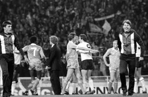 Spurs players celebrate. FA Cup Final replay 1981. Tottenham Hotspur 3 v Spurs players celebrate. FA Cup Final replay 1981. Tottenham Hotspur 3 v