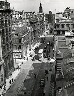 St Vincent Street Glasgow street scene old fashioned lamp posts shop signs St Vincent Street Glasgow street scene old fashioned lamp posts shop signs