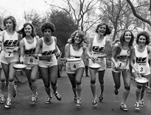 Images Dated 11th February 1975: The start of the pancake race I / R Caroline Meade, Marilyn Ward, Gay Leary, Pauline Peart