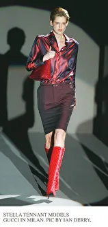 Stella Tennant wearing one of Gucci latest fashion two tone skirt and top in Milan Stella Tennant wearing one of Gucci latest fashion two tone skirt and top in Milan