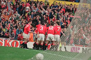 Steve Bruce, surrounded by his ecstatic team mates celebrates his 96th minute winner for Steve Bruce, surrounded by his ecstatic team mates celebrates his 96th minute winner for