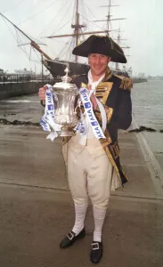 Steve Claridge, Portsmouth football player, photocall dressed as Admiral Nelson before Steve Claridge, Portsmouth football player, photocall dressed as Admiral Nelson before