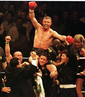Steve Collins celebrates his victory over Nigel Benn during WBO Super Middleweight Steve Collins celebrates his victory over Nigel Benn during WBO Super Middleweight