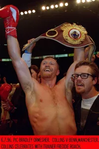 Steve Collins celebrates winning the WBO super middleweight contest by defeating Nigel Steve Collins celebrates winning the WBO super middleweight contest by defeating Nigel